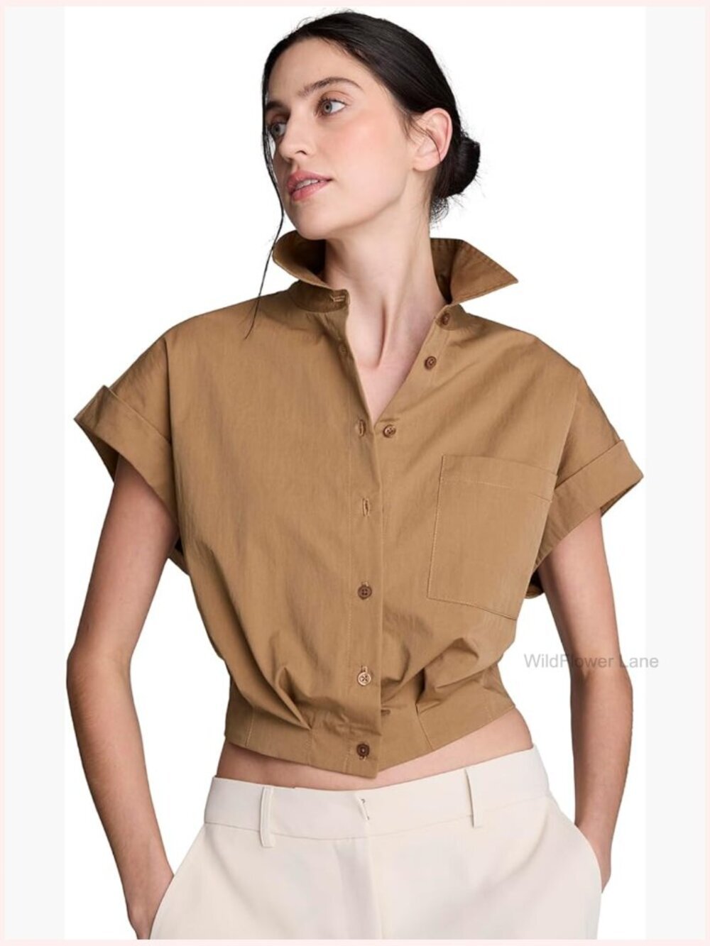 Short Sleeve Cropped Cotton Shirt - Collared Neck Button Down
